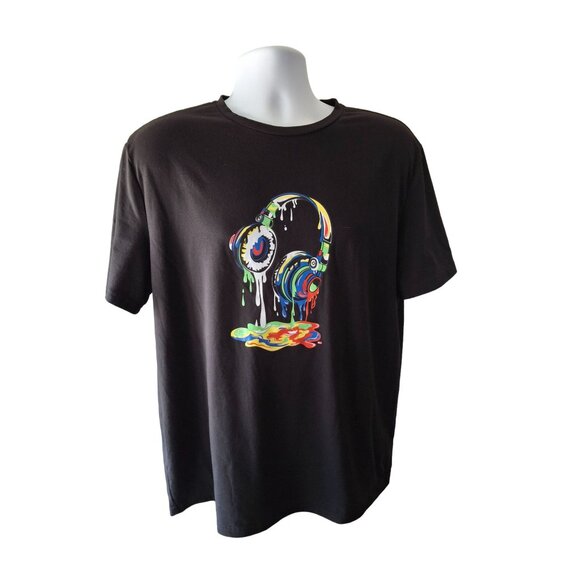 Shein Graphic T-Shirt Black XL Multicolor Dripping Headphones Print Streetwear - Picture 1 of 8